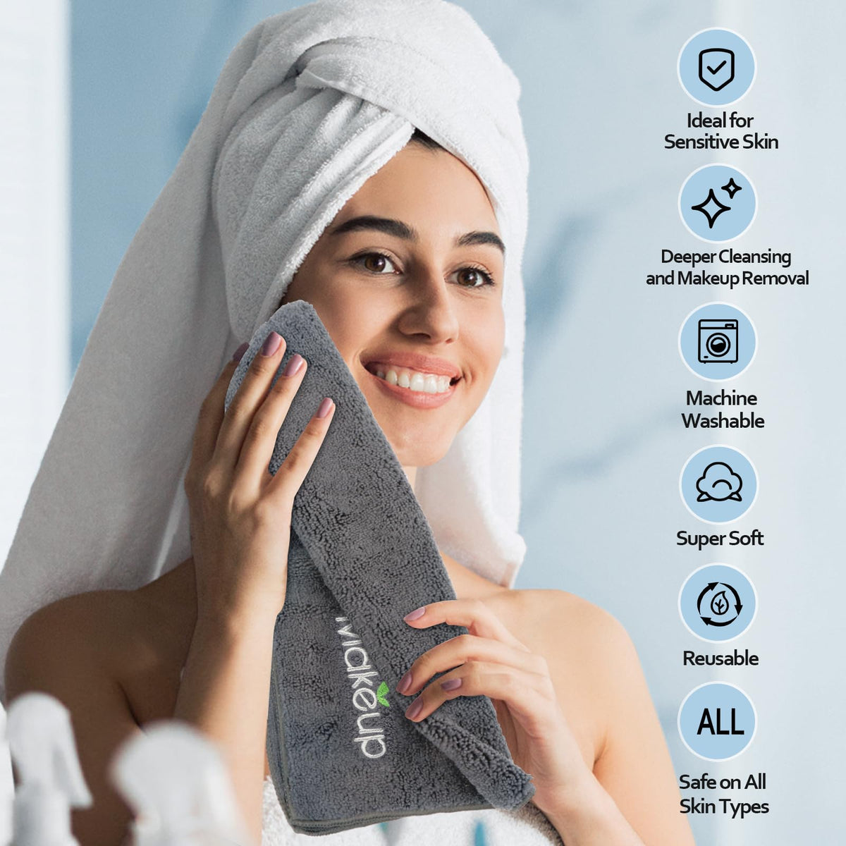 Orighty towel beside ruler showing 13x13 inch size for full-face coverage