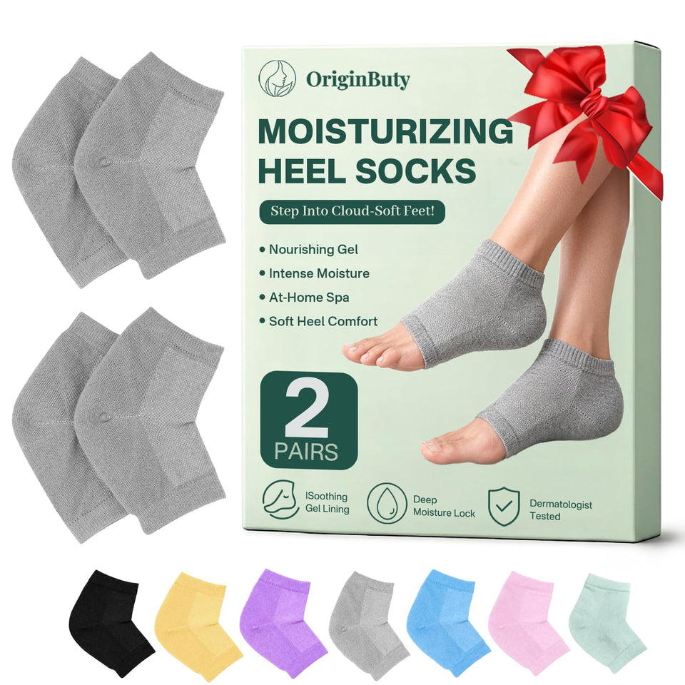 Originbuty front packaging showing two gray moisturizing heel socks and benefits