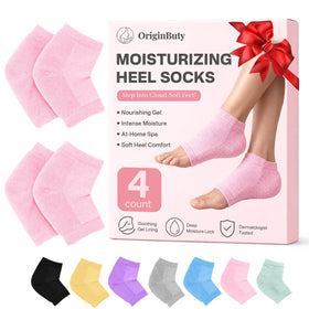 Originbuty front view of two pink moisturizing heel socks showing packaging and pair benefit
