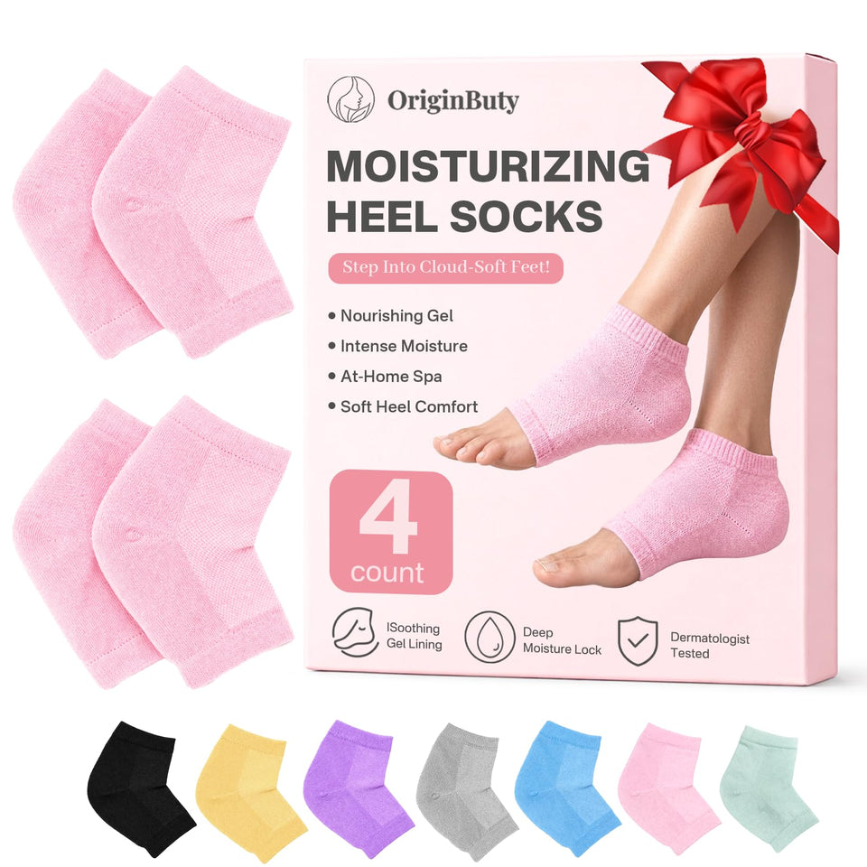 Originbuty front view of two pink moisturizing heel socks showing packaging and pair benefit