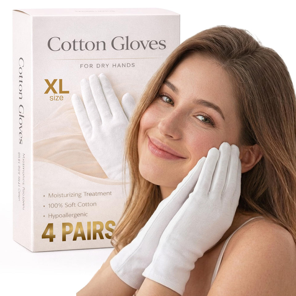 Originbuty front view of white cotton gloves showing clean packaging and fit