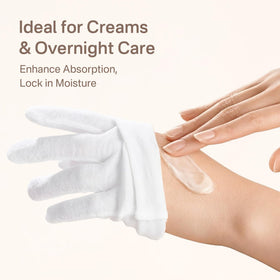 Originbuty gloves worn overnight on hands demonstrating improved lotion absorption