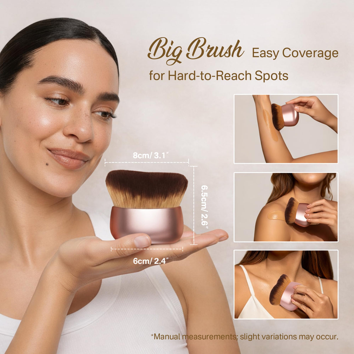 Originbuty kabuki brush beside a hand to show scale, fast full-body coverage