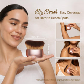 Originbuty kabuki brush beside a hand to show scale, fast full-body coverage