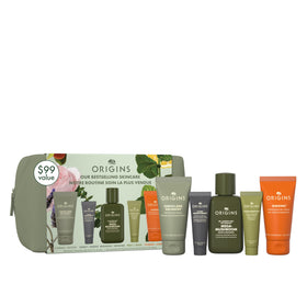 Origins bestselling set front packaging showing five mini products for convenient travel
