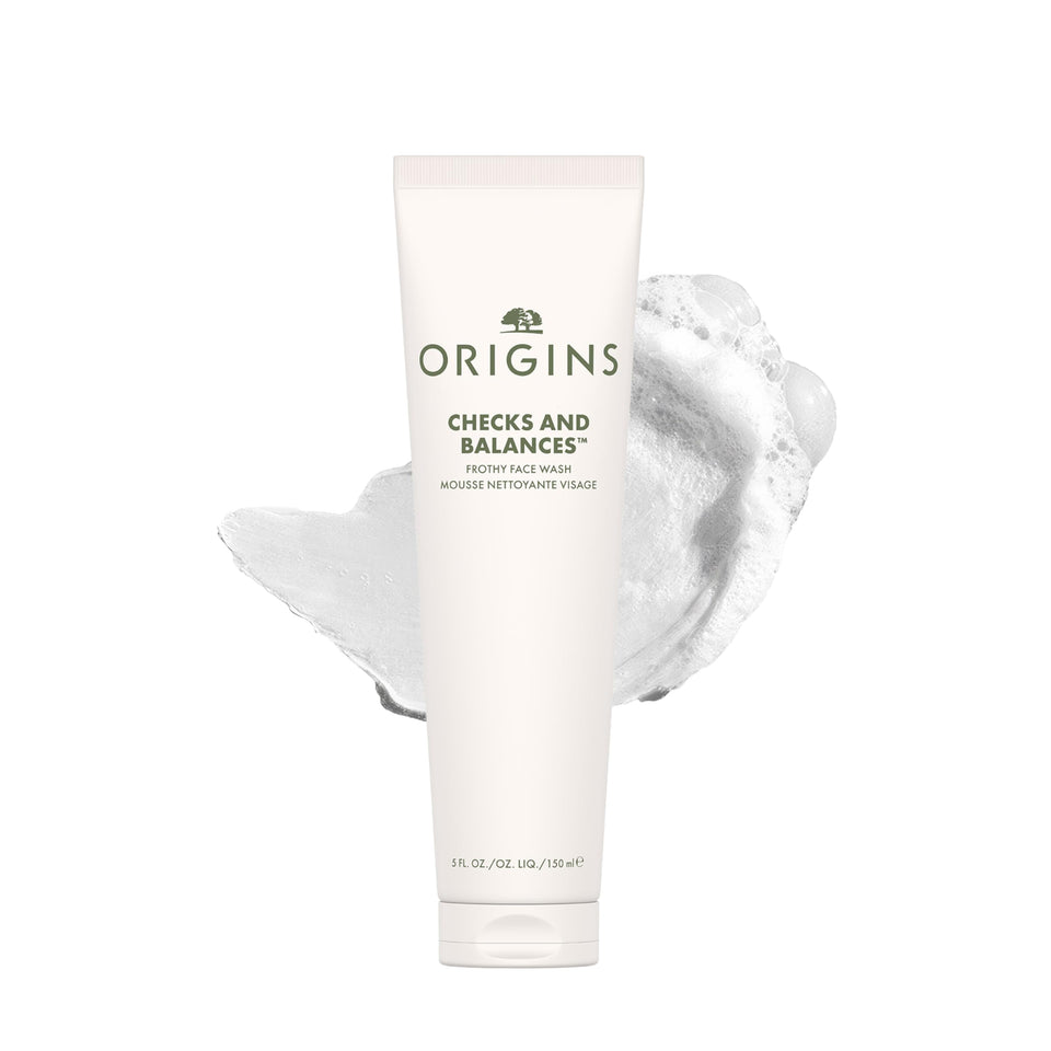 Origins bottle front view showing label and benefit: balanced cleansing