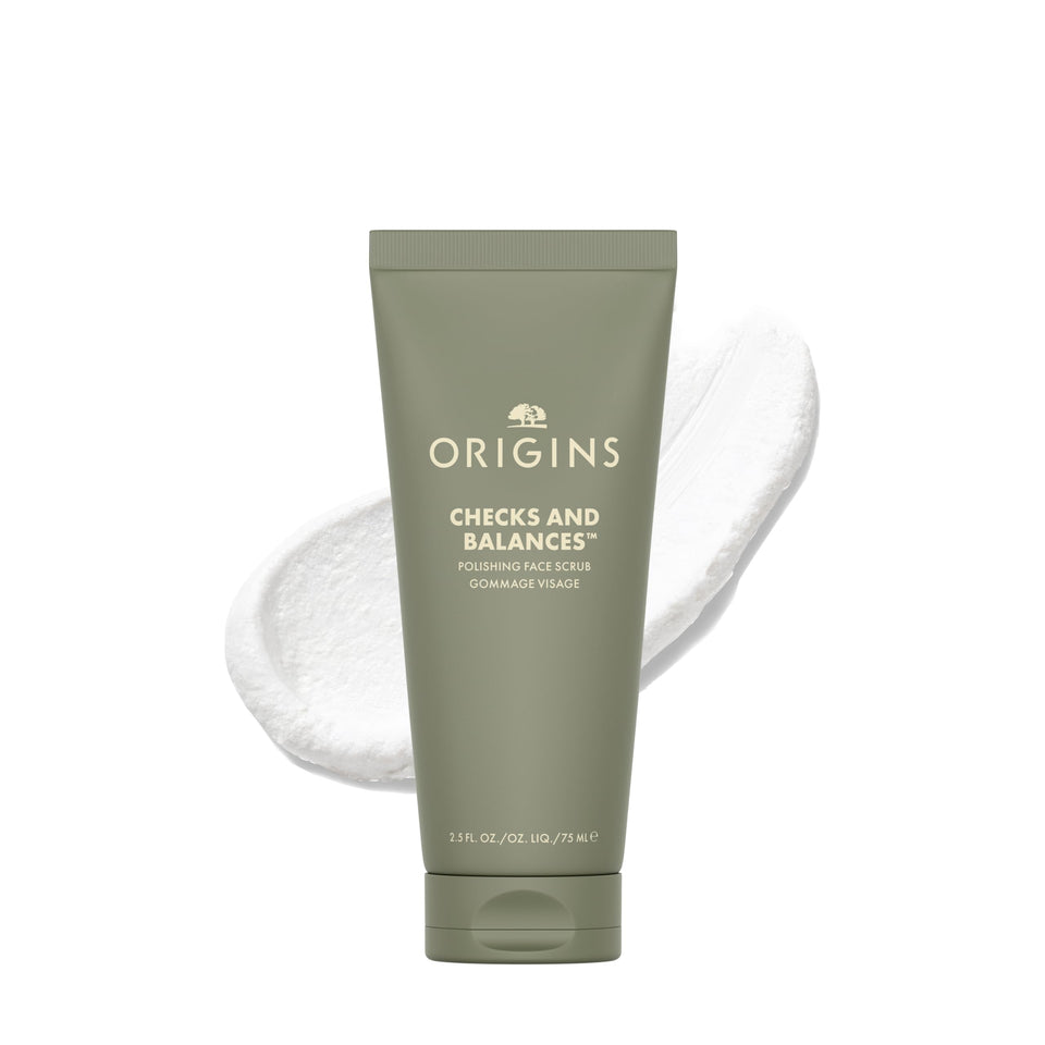 Origins face scrub front tube showing packaging and travel-ready size benefit