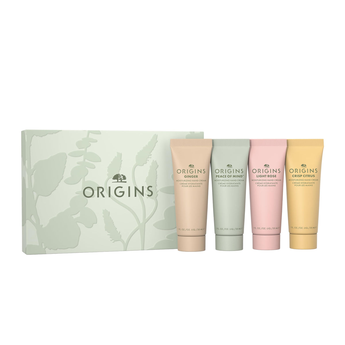 Origins front packaging showing four travel hand creams and benefits