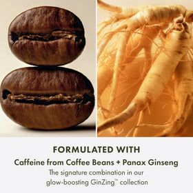 Origins GinZing ingredients layout featuring coffee beans and ginseng for energized look