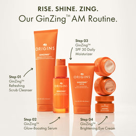 Origins GinZing lifestyle bathroom shelf scene suggesting daily routine convenience benefit