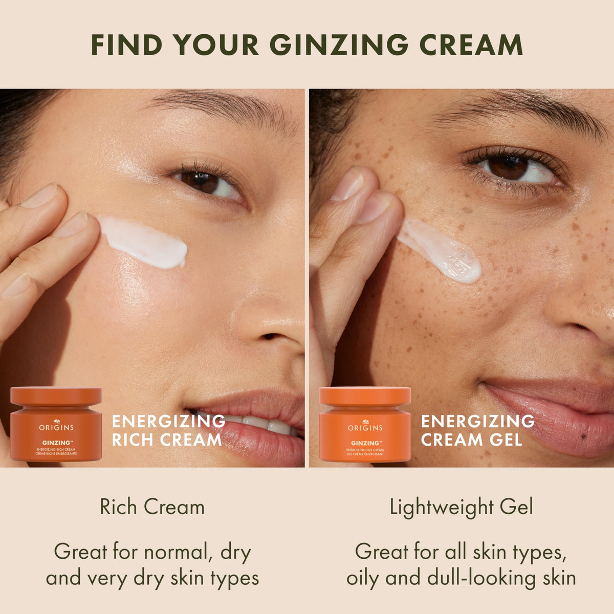 Origins GinZing being applied to cheek demonstrating moisturized, refreshed look