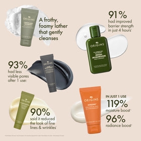 Origins key ingredients arranged: reishi, charcoal, ginseng highlighting plant-powered benefits