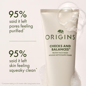 Origins close-up of frothy foam texture demonstrating rich lather and gentle cleansing