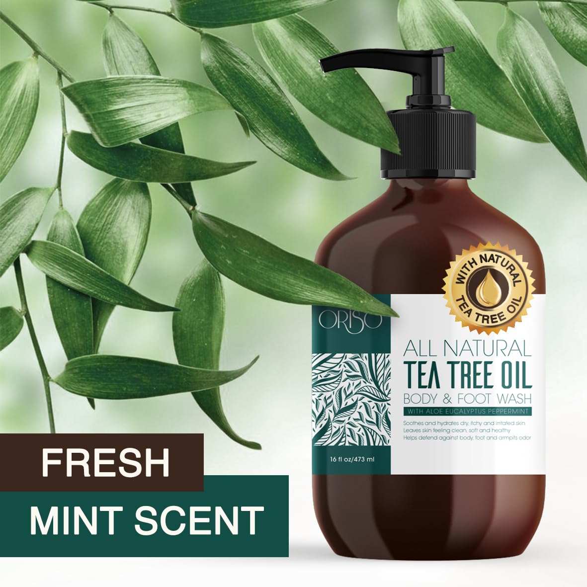 ORISO label ingredient close-up highlighting tea tree oil and moisturizing aloe for ingredient transparency