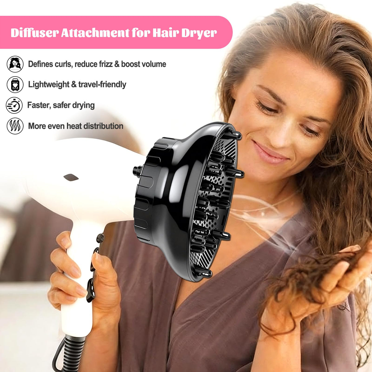 Orista Finds diffuser attached to a hairdryer nozzle for universal compatibility
