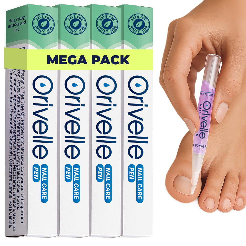 Orivelle front packaging showing four nail care pens for easy use and storage