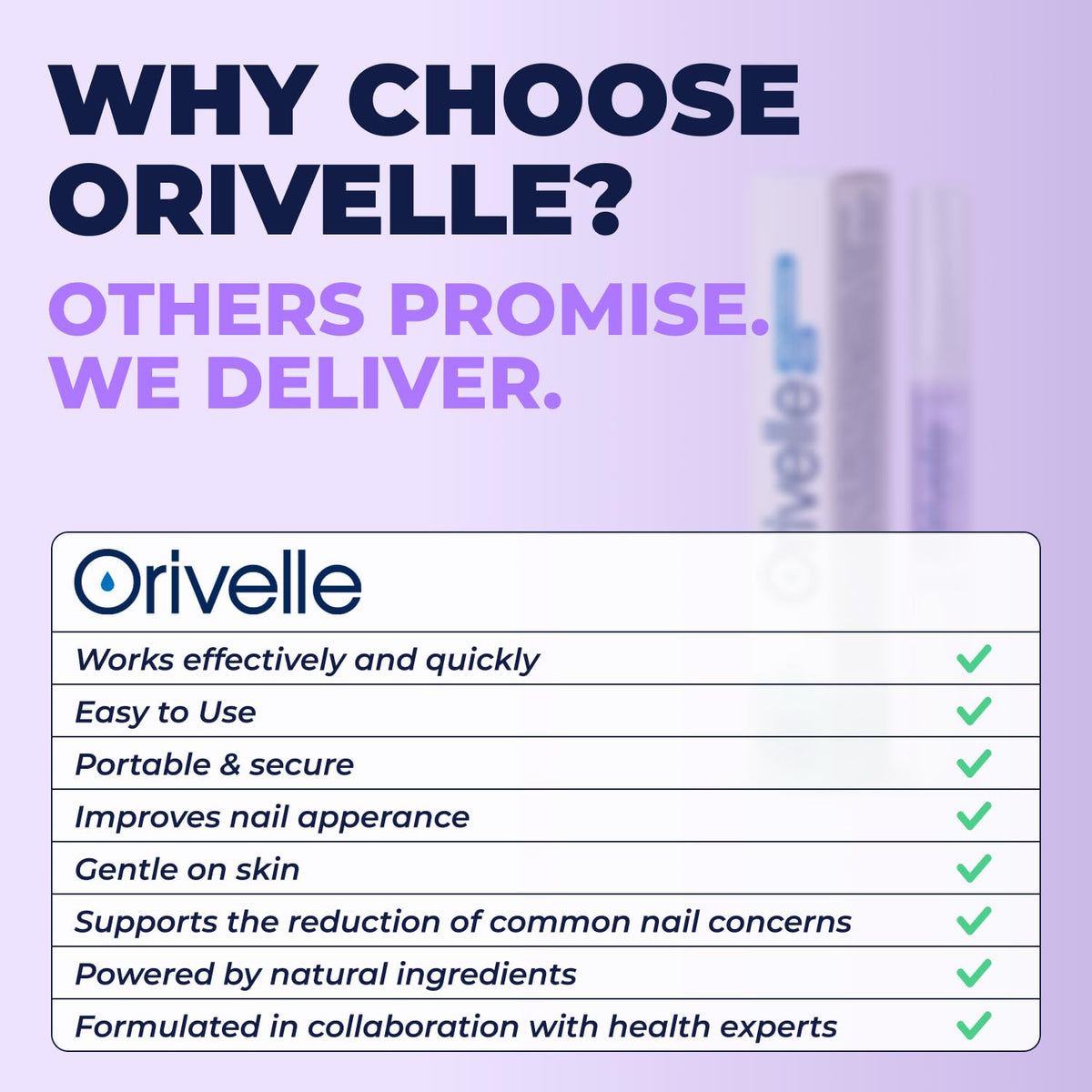 Orivelle label displaying key ingredients including tea tree oil benefits
