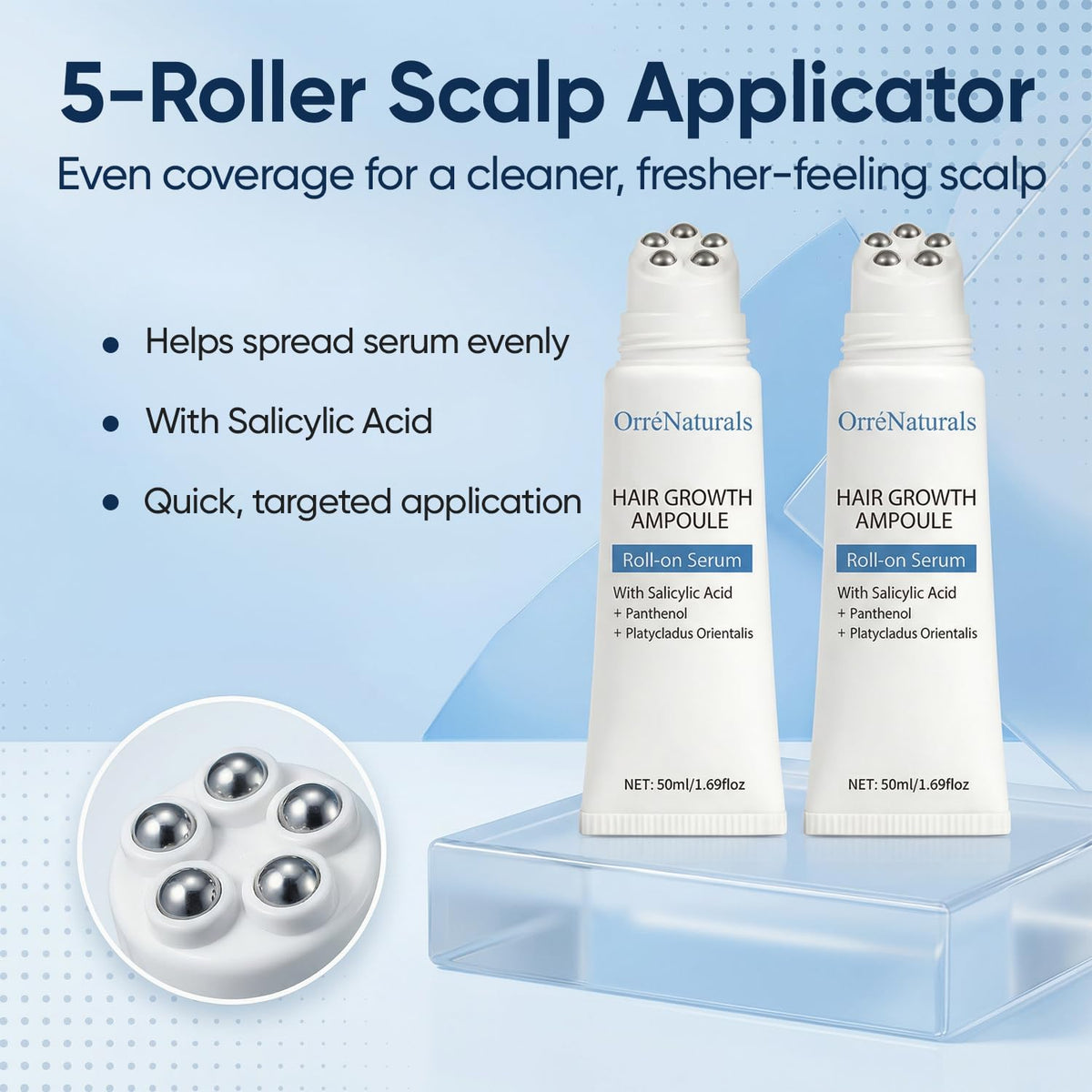 ORRÉNATURALS five-roller applicator close-up showing even serum distribution and convenient application