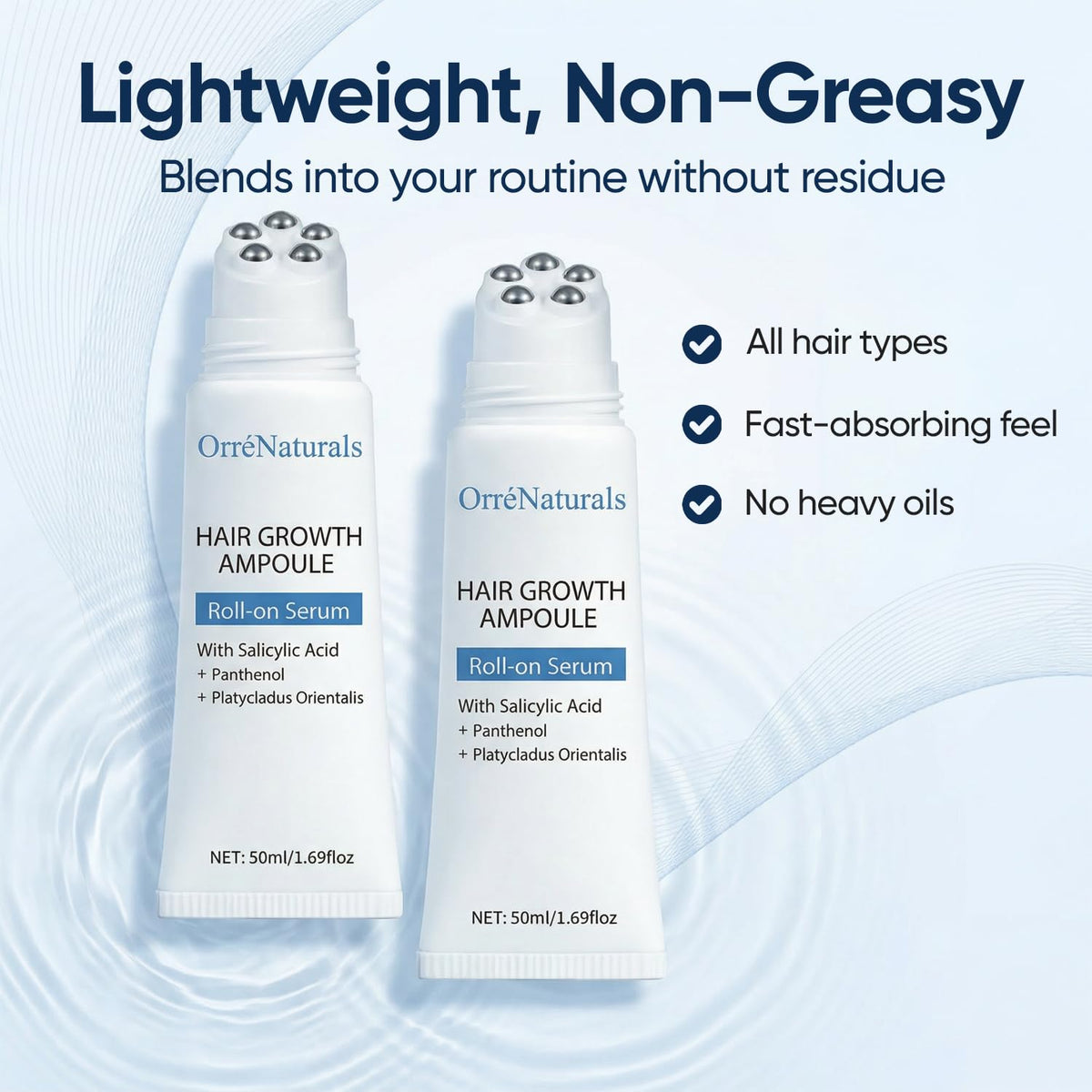 ORRÉNATURALS scalp application demo with roll-on touching scalp, precise targeting for direct contact