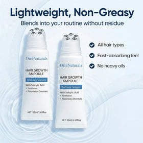 ORRÉNATURALS scalp application demo with roll-on touching scalp, precise targeting for direct contact