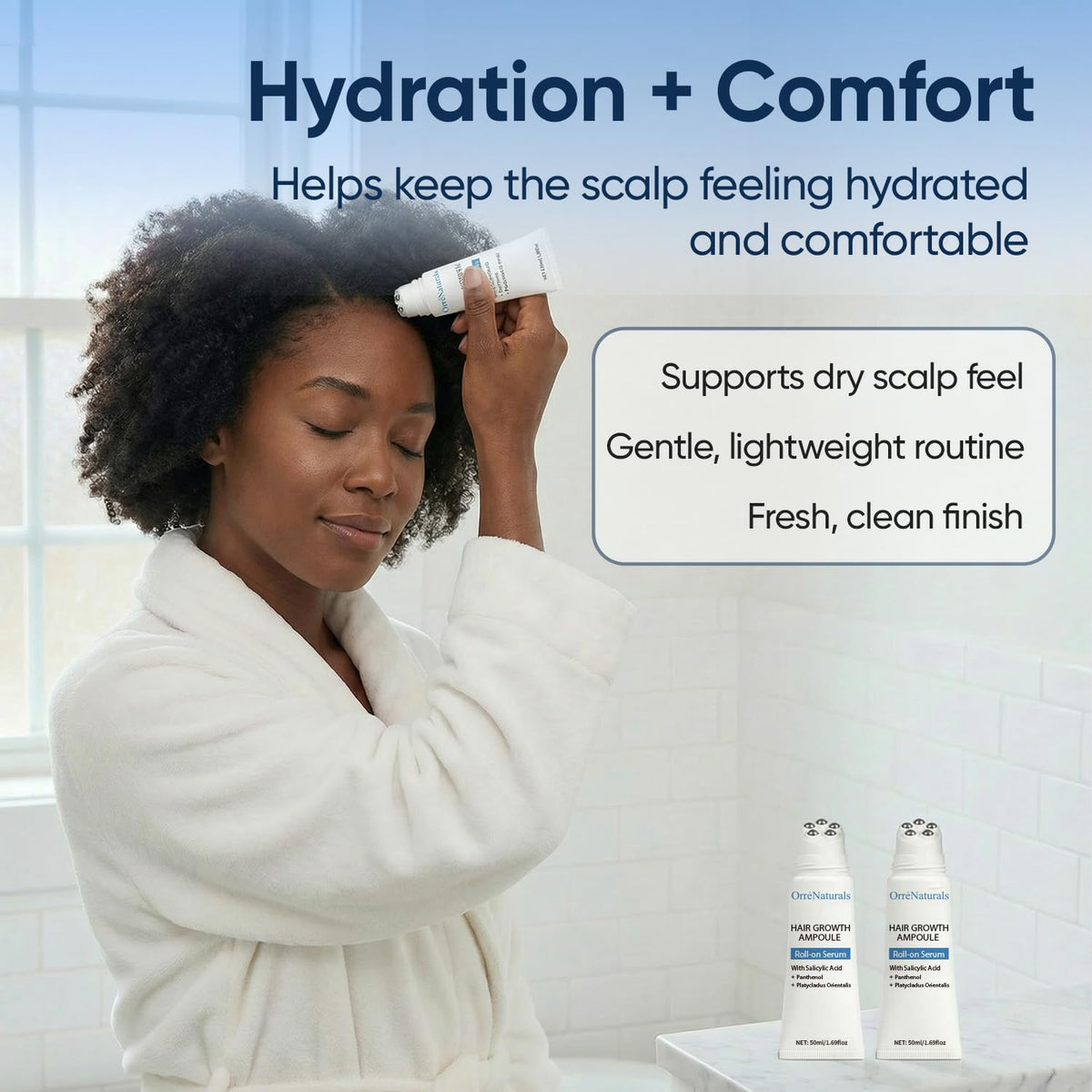 ORRÉNATURALS serum texture on hand, lightweight non-greasy formula absorbing quickly for comfortable use