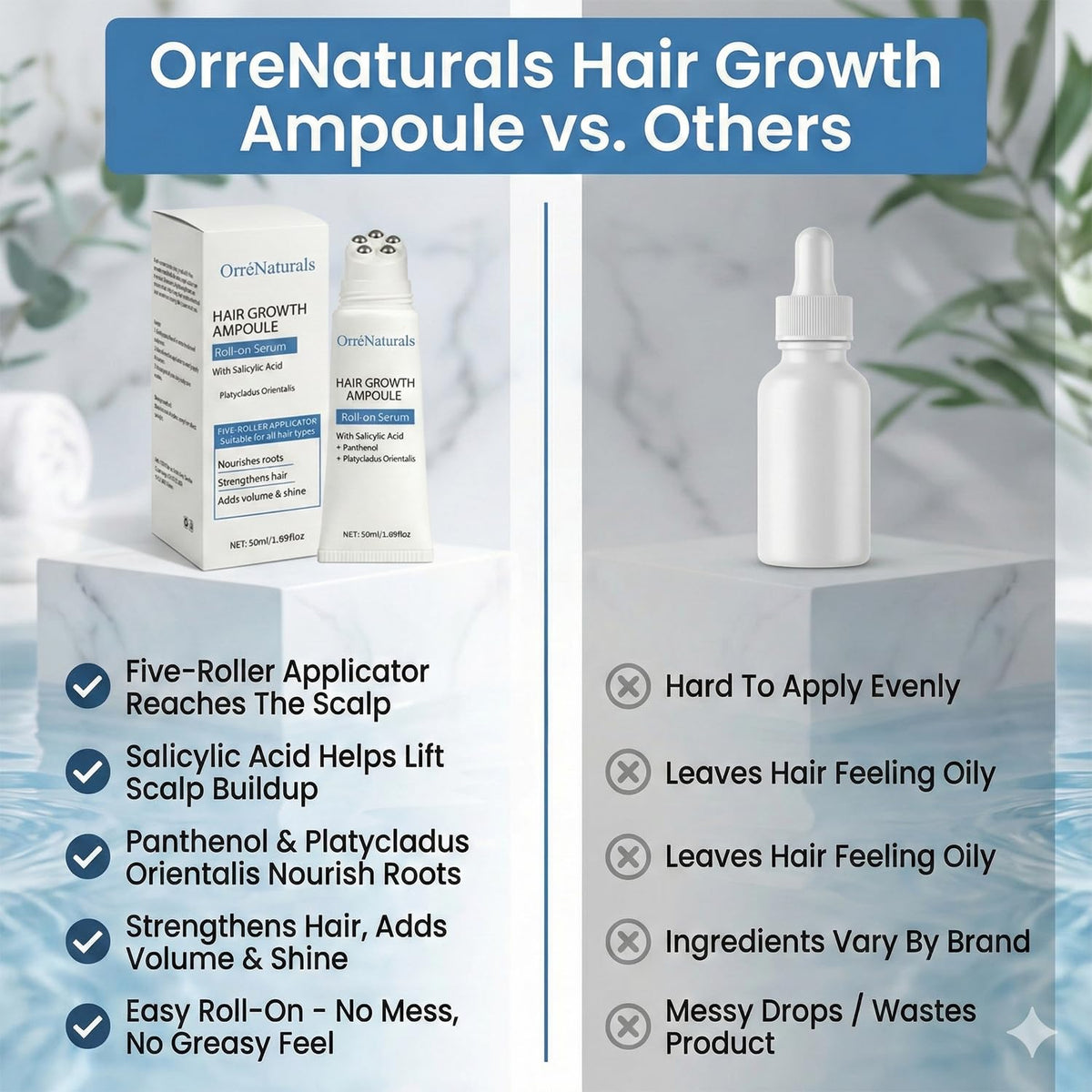 ORRÉNATURALS 50ml ampoule next to everyday items to show compact travel-friendly size