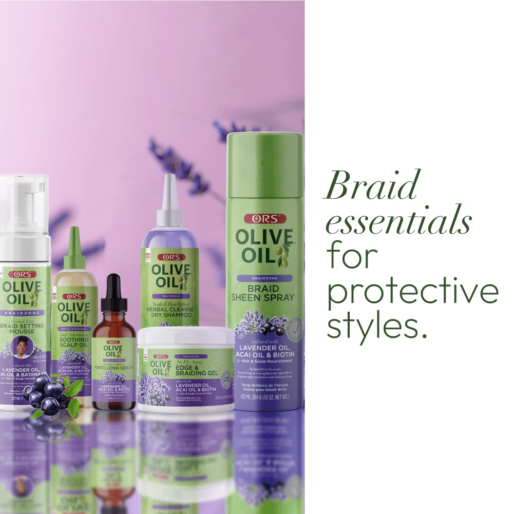 ORS applying spray to braided hair for refreshed shine and reduced frizz
