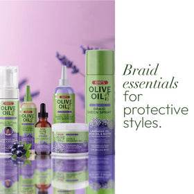 ORS applying spray to braided hair for refreshed shine and reduced frizz