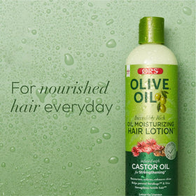 ORS lotion being applied to curly hair for improved manageability