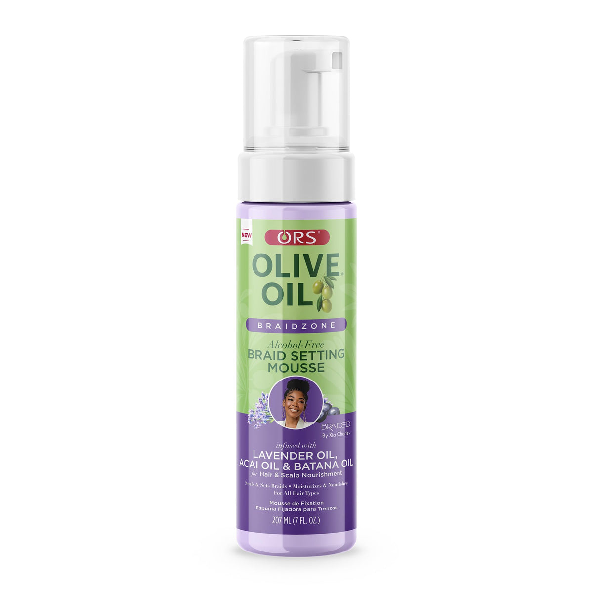 ORS front packaging of braid setting mousse showing 7 oz and key oils for easy identification