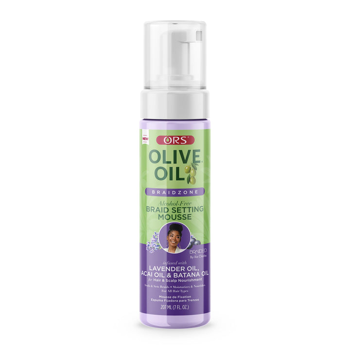 ORS front packaging of braid setting mousse showing 7 oz and key oils for easy identification