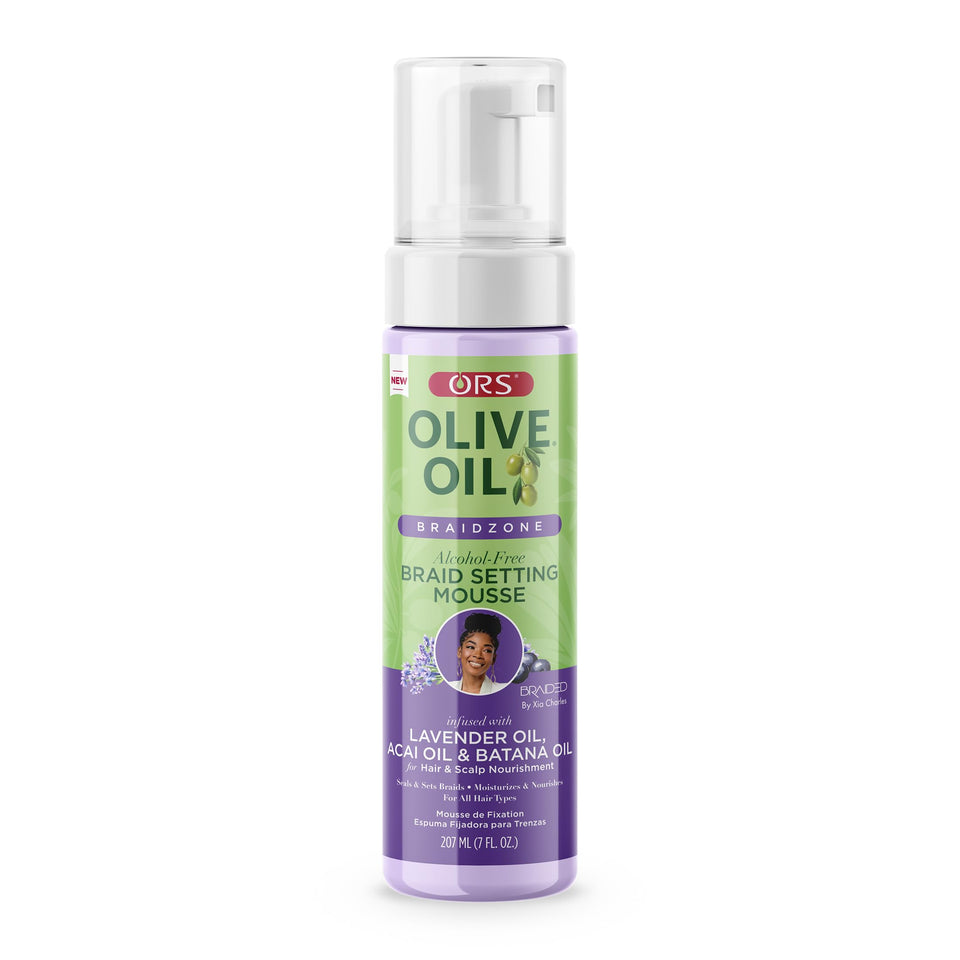 ORS front packaging of braid setting mousse showing 7 oz and key oils for easy identification