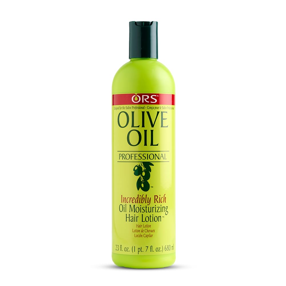 ORS front packaging of 23 oz moisturizing hair lotion showing brand and size, highlights salon results