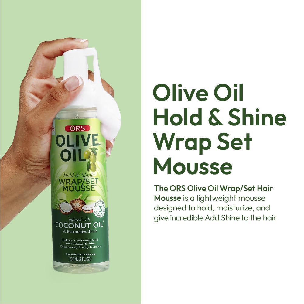 ORS close-up label highlighting olive oil, panthenol and coconut oil for moisturizing benefits