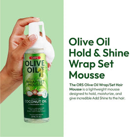 ORS close-up label highlighting olive oil, panthenol and coconut oil for moisturizing benefits