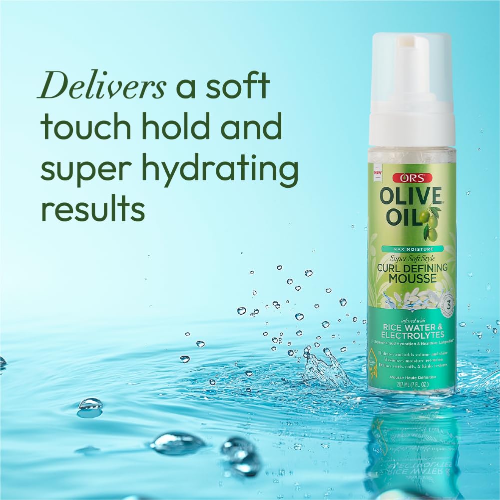 ORS olive oil mousse label close-up showing rice water and electrolytes benefits