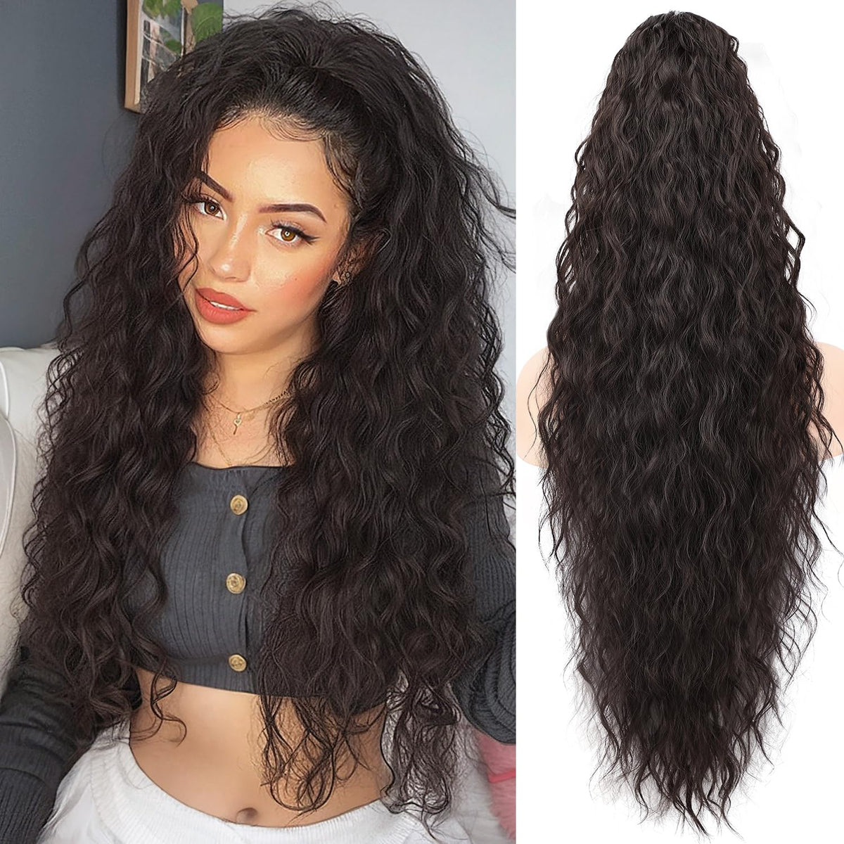 ORSUNCER front view of claw ponytail showing full length and natural waves benefiting quick styling