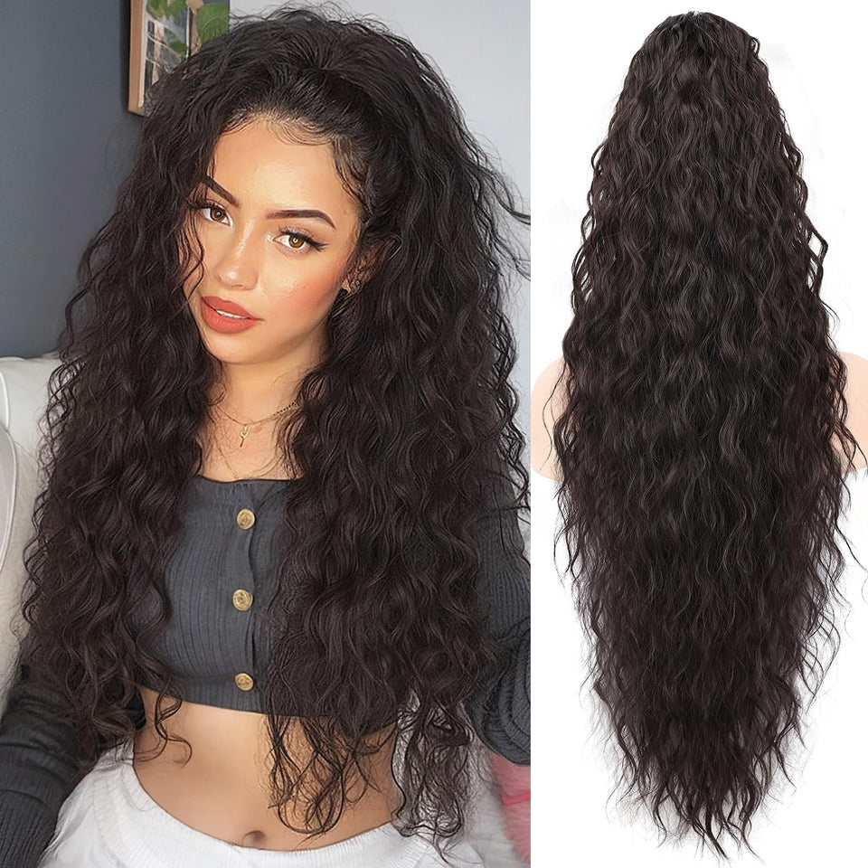 ORSUNCER front view of claw ponytail showing full length and natural waves benefiting quick styling