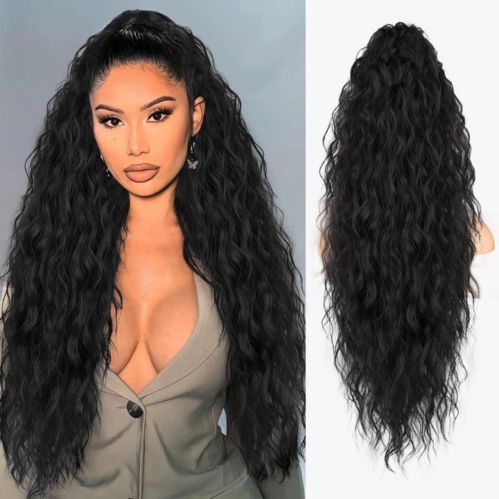 ORSUNCER front view of 30 inch curly ponytail extension showing full length and volume