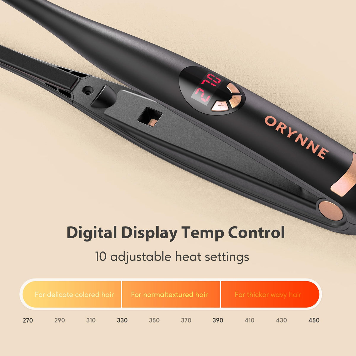 ORYNNE digital display temperature readout showing fast control and accurate heat benefit
