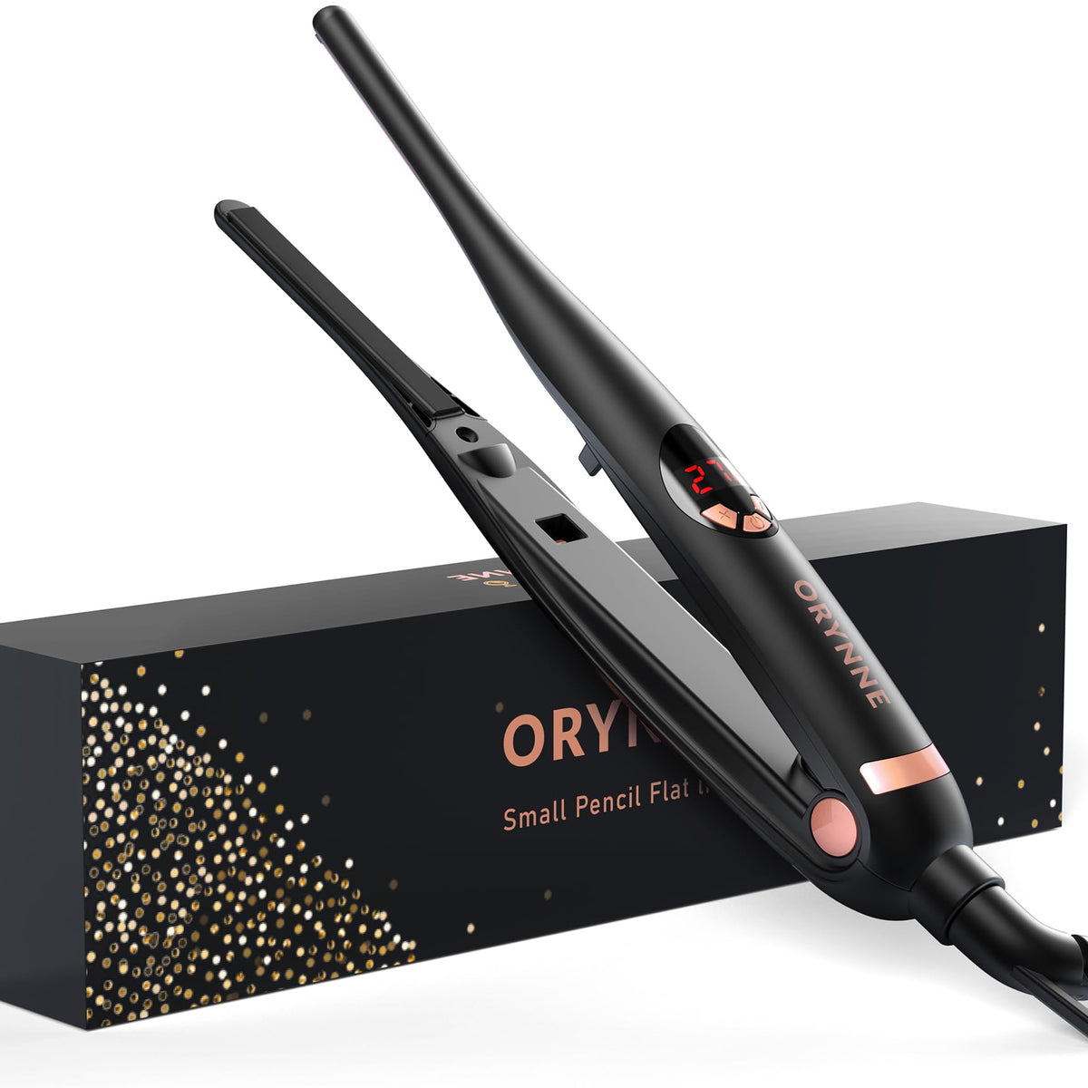 ORYNNE front view champagne gold mini iron showing slim profile and precise styling benefit