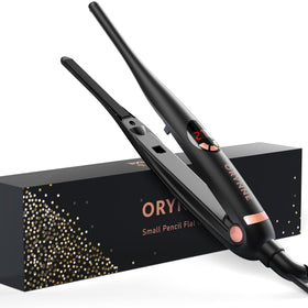 ORYNNE front view champagne gold mini iron showing slim profile and precise styling benefit