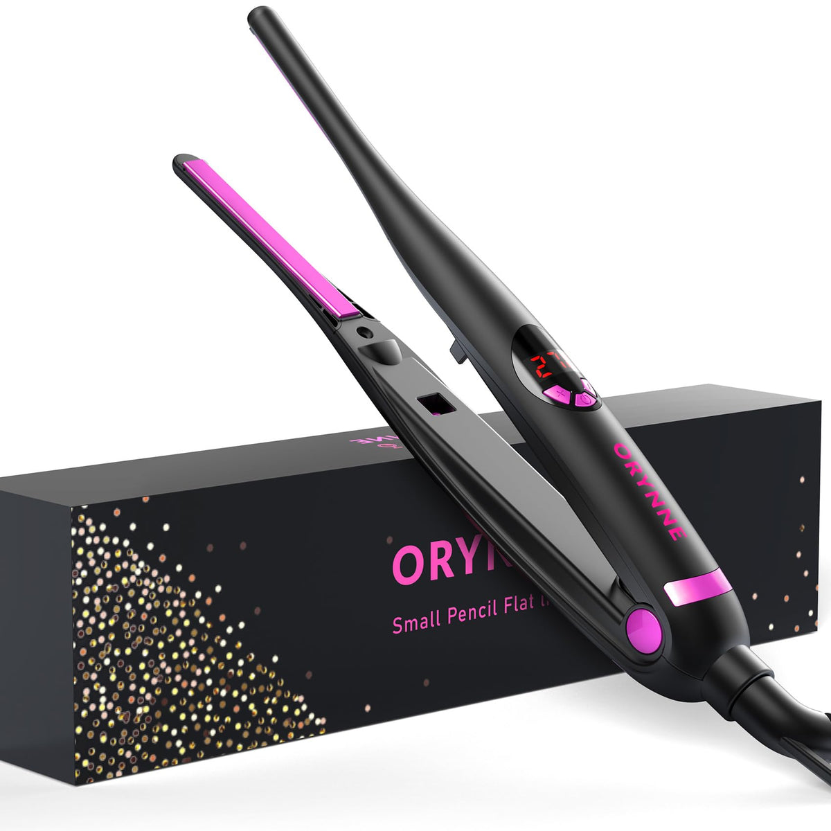 ORYNNE front view compact flat iron showing slim design and portability