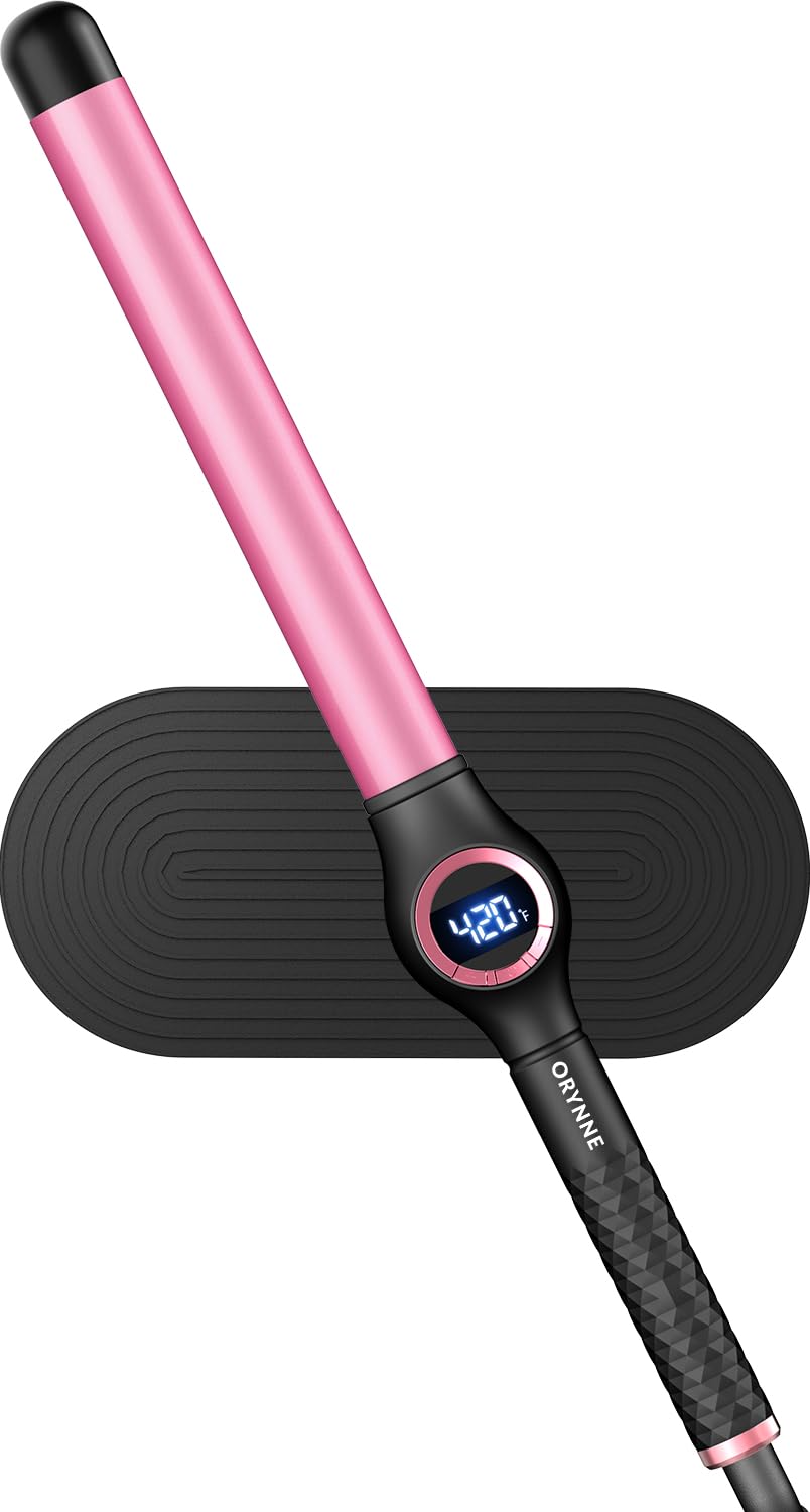 ORYNNE front view of curling wand showing long ceramic barrel and handle, great control