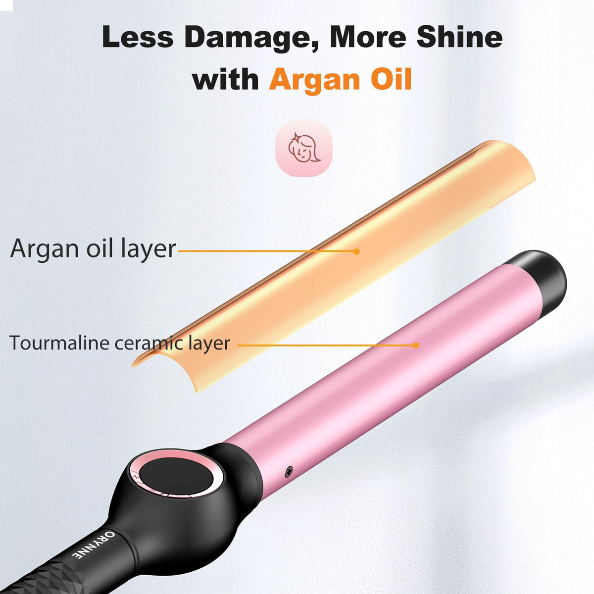 ORYNNE in-use during styling session producing shiny frizz-reduced curls for long hair