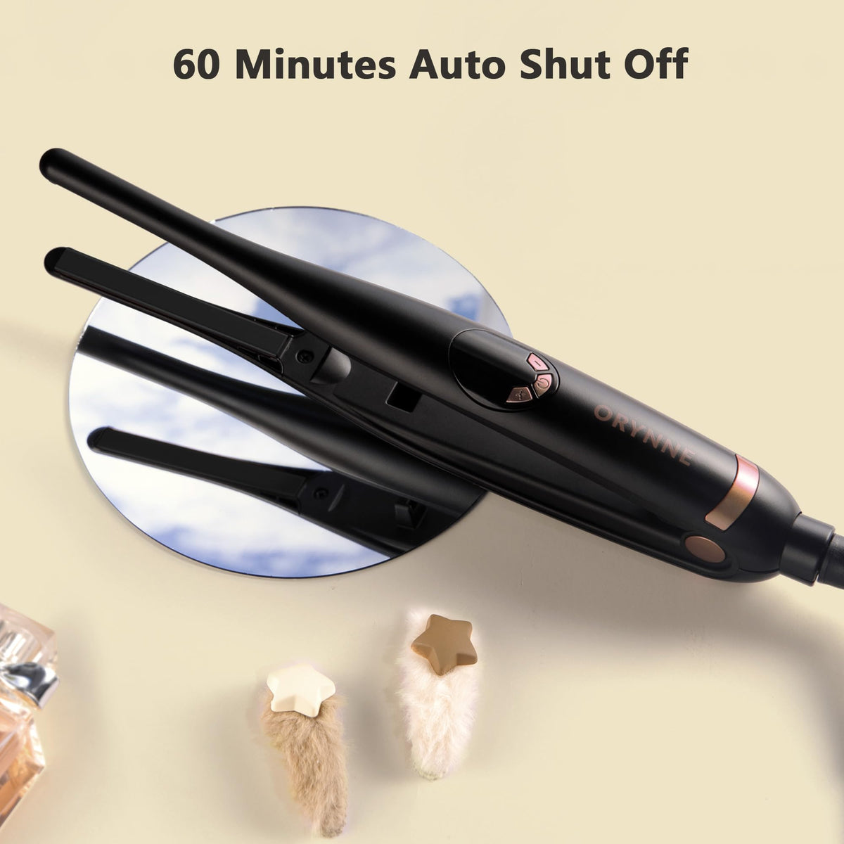 ORYNNE swivel cord and plug detail showing 360-degree rotation and tangle-free benefit
