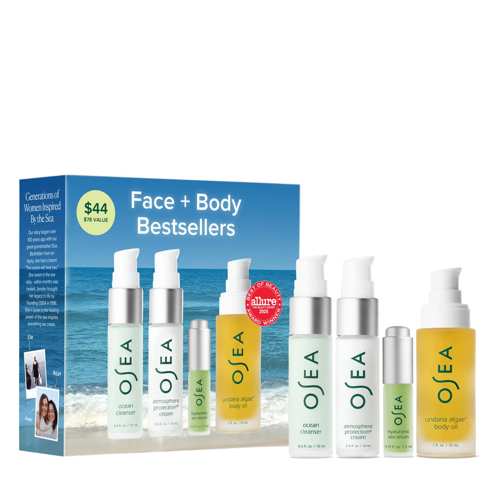 OSEA front packaging of travel set showing all four products and clean design benefiting routine consistency