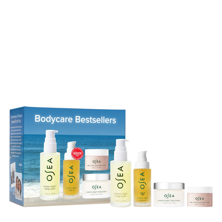 OSEA travel set front packaging showing four mini body products for convenient cleansing