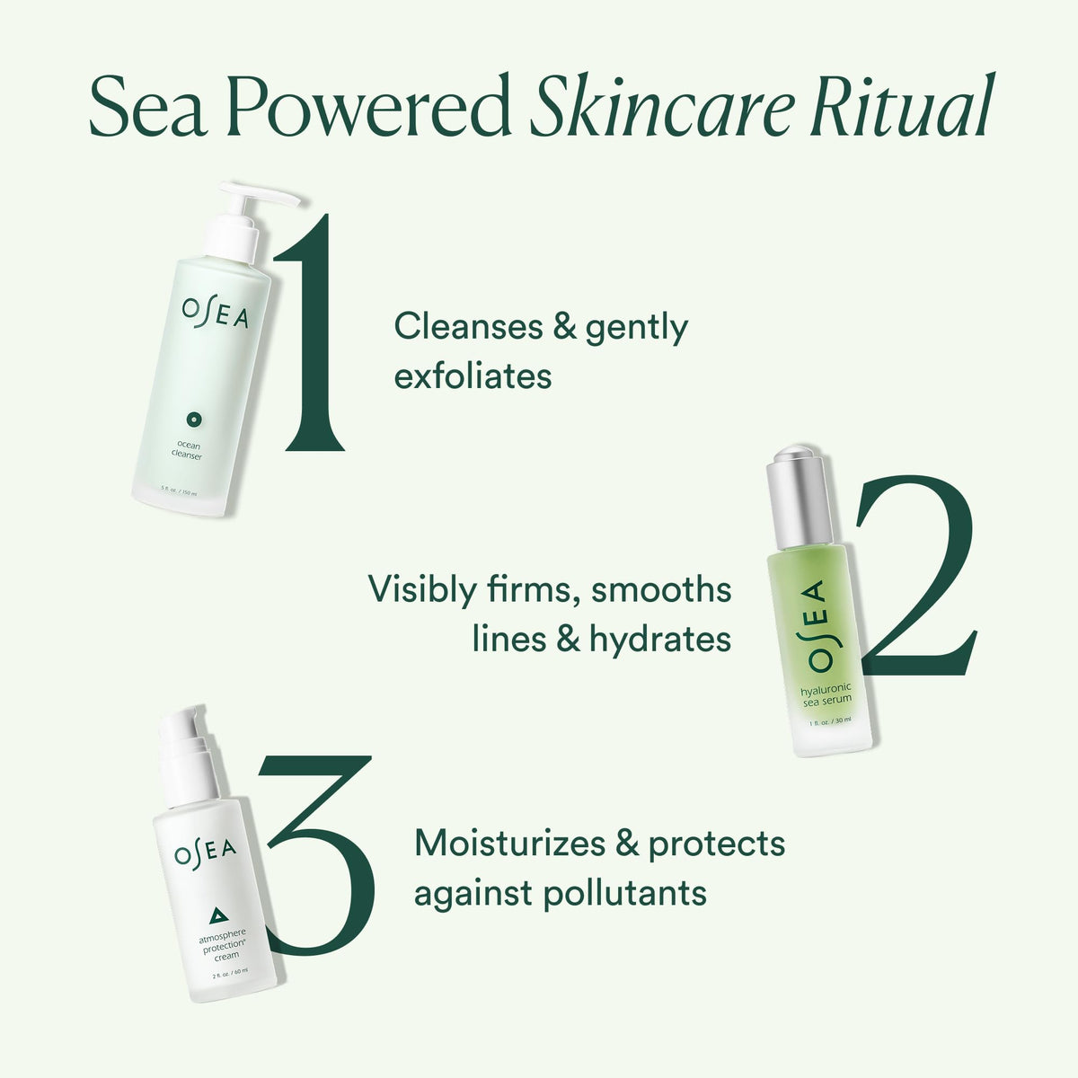 OSEA bottle styled on bathroom shelf conveying spa-like, eco-friendly routine