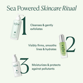 OSEA bottle styled on bathroom shelf conveying spa-like, eco-friendly routine